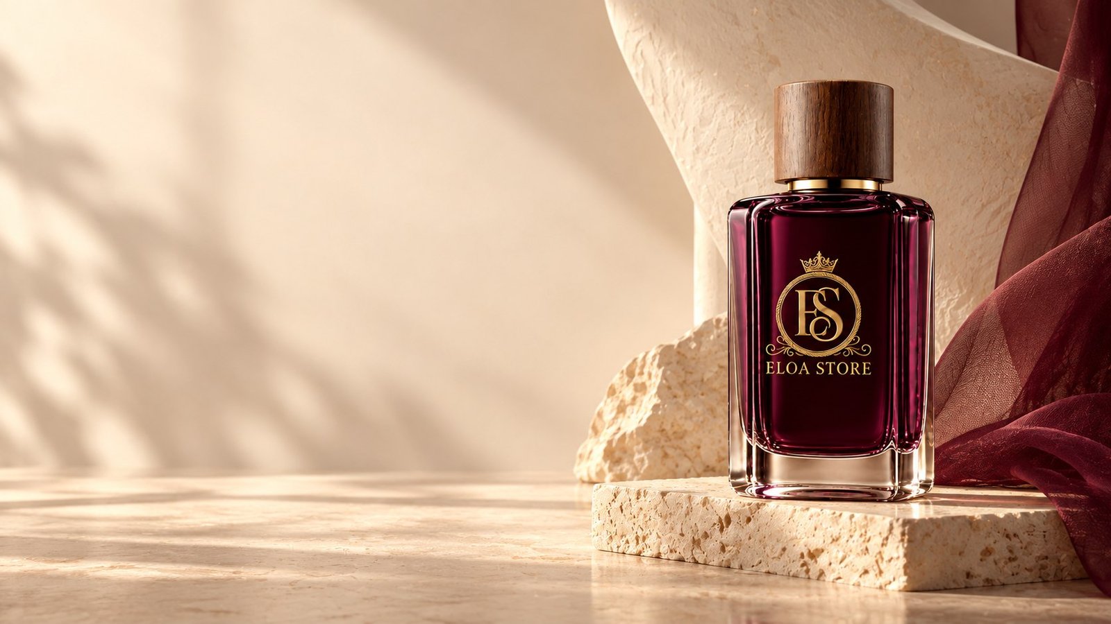 ELOA Store perfume bottle in an elegant ivory editorial setting